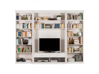 Estante grande para sala em madeira com rack para tv na cor branco lavado  / coleção biblioteca